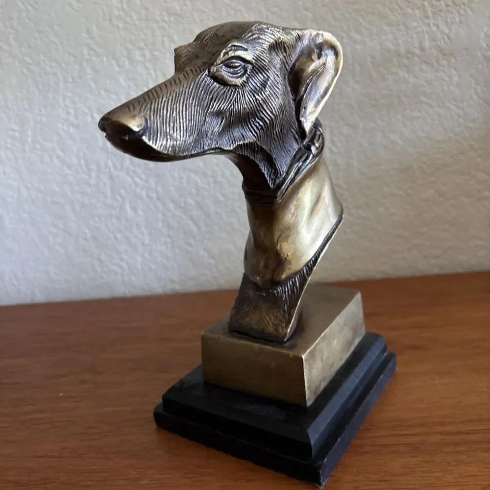 Vintage Brass Greyhound Bust Sculpture Wood Base Whippet Dog Bookend 8”